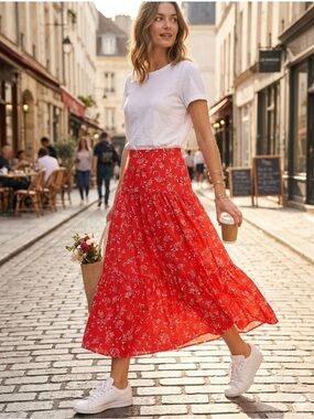 Ann Taylor Red Floral Midi/Maxi Skirt